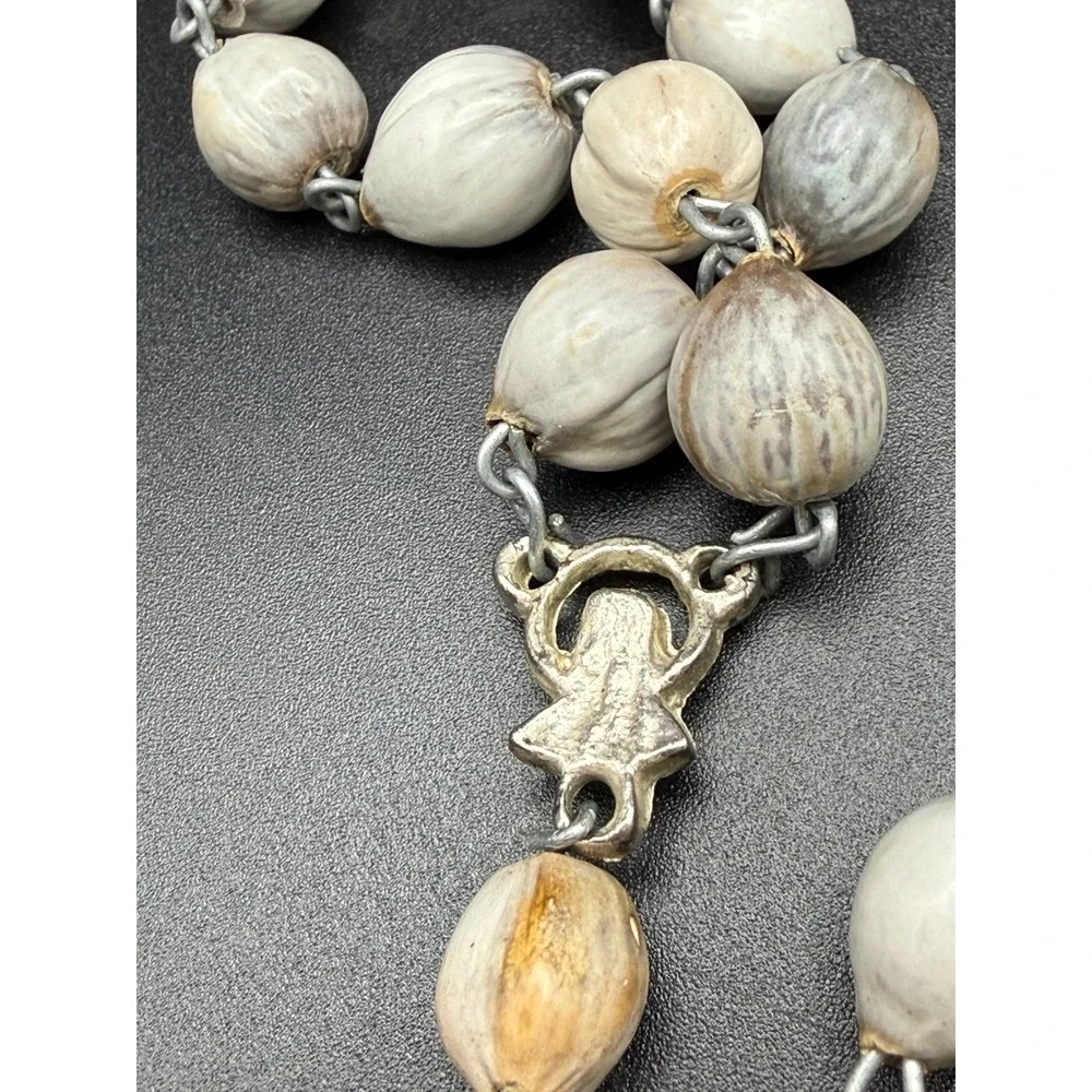 Natural Jobs Tears Seed Rosary Necklace Silver Tone Crucifix Virgin Mary Medal
